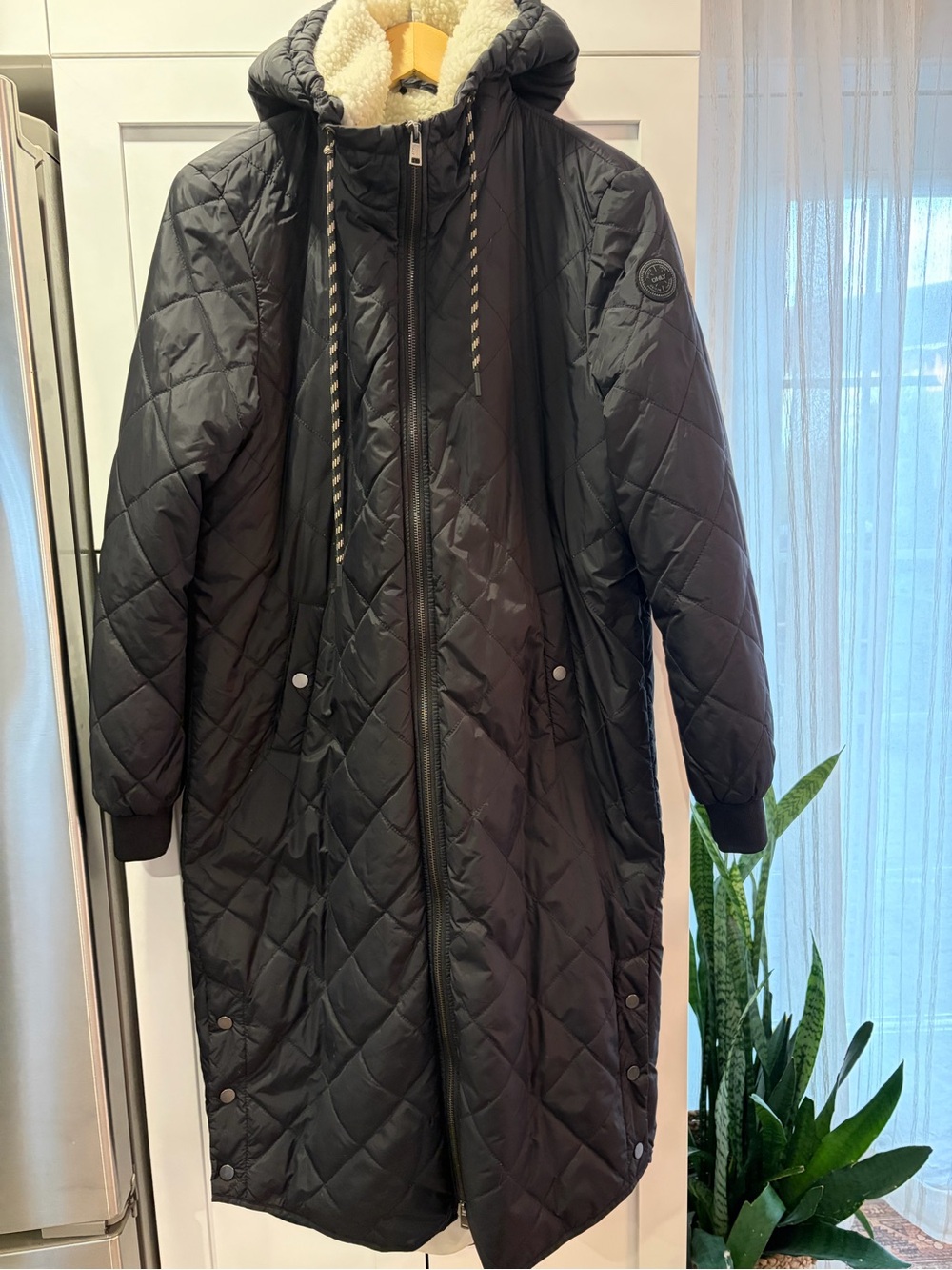 Only Black Quilted Long Puffer Coat with Sherpa Hood